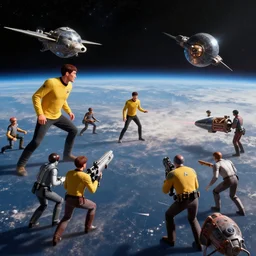 wide angle view, realistic space battle, star trek, ultra detail, in the style of where's wally, 8k
