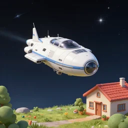 a spaceship that has landed next to a house, from a space themed point and click 2 d graphic adventure game, art inspired by thomas kinkade