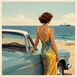 vintage art deco poster of woman leaning against a vintage car looking out to sea, a ship on the distant horizon