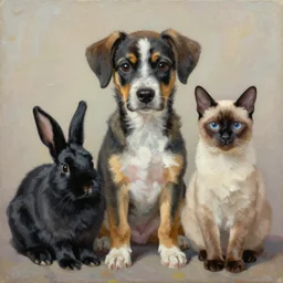 oil in canvas of a puppy dog, a black rabbit and a siamese cat,