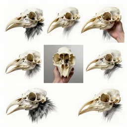 montage of style sheets, bones of crow bird head made with bones, hand drawn