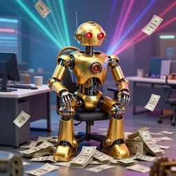 photo of a golden and blue metal steampunk office robot with gears and tubes sitting in an office, on the office table and floor is a mountain of money bills, eyes are glowing red lightbulbs, moneybills all over the place, shiny crisp finish, 3 d render, 8 k, insaneley detailed, fluorescent colors, background is multicolored lasershow