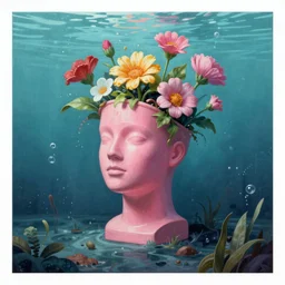 award winning masterpiece with incredible details, a surreal vaporwave vaporwave vaporwave vaporwave vaporwave painting by MC Escher of an old pink mannequin head with flowers growing out, sinking underwater, highly detailed