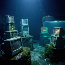 an abandoned spooky underwater aquarium filled with 1 9 8 0 s computers, illuminated displays, aquatic exhibition, covered in algae, photo taken on fujifilm superia film, 3 5 mm film, urban exploration photography, scuba photography