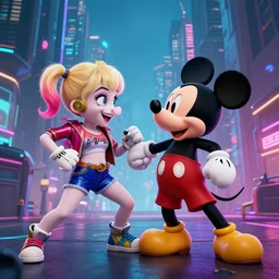 emirichu and harley quinn fighting mickey mouse in a cyberpunk city