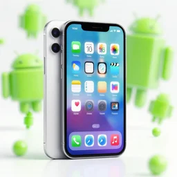 a 3 d model of iphone with android background