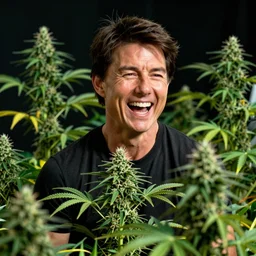 tom cruise laughing super hard, so hard he's about to lose it, surrounded by marijuana plants, 5 0 mm, dynamic lighting