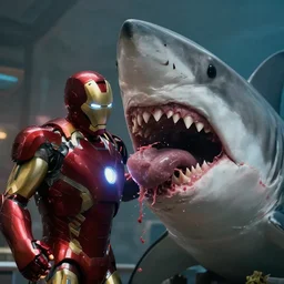 film still of iron man eaten by a shark from jaws, photography, trailer