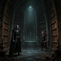dark sinister vampire lair interior by Bastien Lecouffe-Deharme and Charles Bowater, Greg Rutkowski, library, adventure game, inspired by Diablo concept art