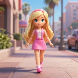 barbie as nendoroid walking along a luxurious sidewalk in the city of los angeles in the croods movie style, anime, disney, pixar, 8 k, hd, dof, kodak film, volumetric lighting, subsurface scattering, photorealistic, octane render, details