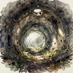 a watercolor ink painting of the abandoned and overgrown tunnels of an post - apocalyptic arcology