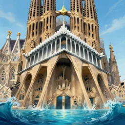 landscape view of an obsidian Sagrada Família cathedral with a giant obsidian door, in the elemental plane of water, Dungeon and Dragon illustration, painted by Greg Rutkowski, 4k, trending on ArtStation