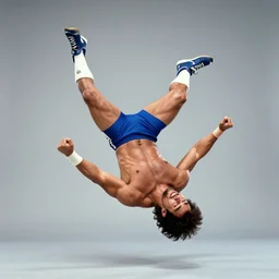 Macho Man Randy Savage performing elbow drop from space. Wide angle. Low perspective. High Quality, Sports photography. NASA