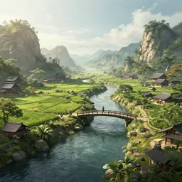 ancient utopian japanese farm in paradise, river, bridge, by leon tukker, zaha hadid, photography, cinematic lighting, octane render, artstation