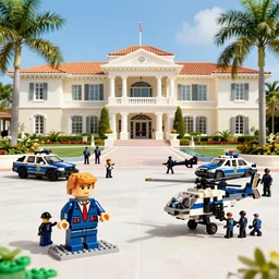 donald trump's mar - a - lago resort at palm beach during an fbi raid with black undercover cop cars a full swat team and a swat helicopter, as a lego set