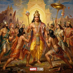 an epic war scene from Ramayan, oil on canvas, poster for Marvel Studios movie, classical painting, rococo color scheme, high definition, 8K,