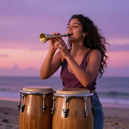 singing lotion women on the beach playing the conga’s with an purple pink sunset