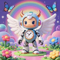 3 d render of chibi clock cyborg klonoa demon with angel wings against a psychedelic surreal background with 3 d butterflies and 3 d flowers n the style of 1 9 9 0's cg graphics lsd dream emulator psx graphics 3 d rendered y 2 k aesthetic by ichiro tanida, 3 do magazine, wide shot