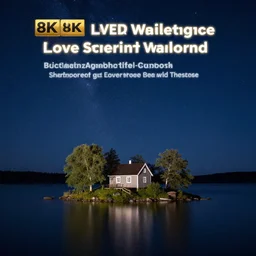 photo of a small cottage in the middle of a small island in a lake | starry night sky background, award - winning photograph, night shot, high definition 8 k