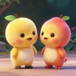 a couple of cutest little fruitties being friends, pixar, cgi, 4 k, vivid, symetric, hyperdetailed