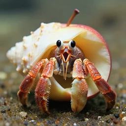 Smiling hermit crab with an apple shell, photo-realistic, depth of field