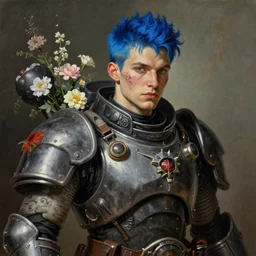 portrait of beautiful young man, warhammer, cyber style, cyberpunk armor, a lot of more scars, more and more flowers, blue head, the middle ages, highly detailed, artstation, illustration, artgerm sylvari portrait, 8 k quality, painting by georges de la tour, rene magritte, jean delville, max ernst, alfred kubin