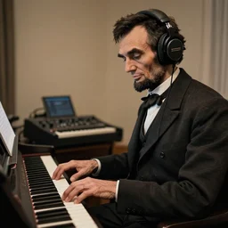 abraham lincoln as electronic music producer, wearing headphones and playing on piano