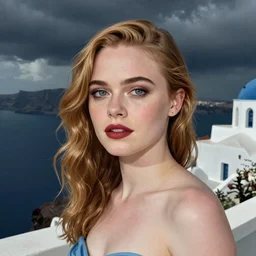 Elle Fanning in Santorini at night, head and shoulders portrait, stormy weather, extremely detailed masterpiece, Roger Deakin’s cinematography, illustration, by Michael Sowa,
