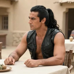 muscular man sitting at table on tatooine, wearing a black black black leather vest vest vest, no shirt, shirtless, long long black black hair in a ponytail ponytail 9 9 9 9 9 9