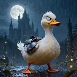 angry anthropomorphic duck, wearing rain soaked armour in heavy rain, incredibly fine detailed portrait, battle angel alita, dynamic angle, elegant, full body profile, 2 0 0 mm focal length, highly detailed, dramatic full moon lighting, many fireflies, gothic castle prodominently in the background, movie cover