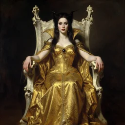 perfectly centered portrait of beautiful vampire queen in gold gothic robe sitting on a throne of bones, painting by gaston bussiere, craig mullins, j. c. leyendecker, 8 k, mid shot