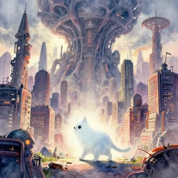 ghostly cat strolling through a humongous alien city, watercolour painting, watercolour, colourful, detailed, cinematic