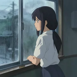girl near the window, rainy outside, illustration concept art anime key visual trending pixiv fanbox by wlop and greg rutkowski and makoto shinkai and studio ghibli