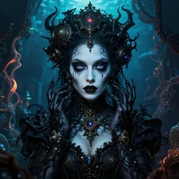 beautiful stella maeve magician, black magic spells, in the style of joshua middleton, creepy pose, spooky, symmetrical face symmetrical eyes, vibrant cinematic lighting, detailed realistic eyes, insanely detailed and intricate elegant, aquapunk, titian, bioshock, underwater home