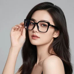 a studio photograph of a beautiful woman with big eyeglasses