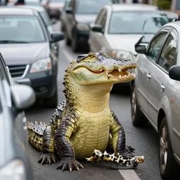 crocodile sitting in a traffic jam, very angry