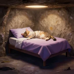 cat laying on bed in under ground base, concept art, by greg rutkowski, volumetric lighting, complementing colors