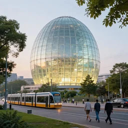 a glowing glass sci - fi nuclear containment building in a pleasant urban setting with trams and trees and cars by a. j. casson and charley harper and eric fraser and edwin la dell