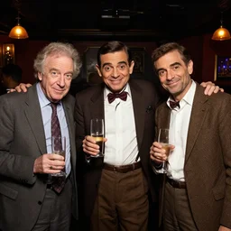 bill nye in a nightclub with richard feynman and mr. bean