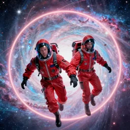 two scientists wearing red rick owens hazmat suits escaping the neon event horizon by frank frazetta. pastel nebula background.