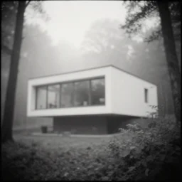 modern private house from the future in the misty wood, pale light, pinhole camera effect, lomography effect, analogue photo quality, monochrome, blur, unfocus