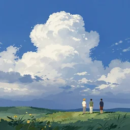 landscape, beautiful cloudy deep blue sky, flat ilustration, by greg rutkowski and thomas kinkade and quentin mabille and geoffroy thoorens, trending on artstation