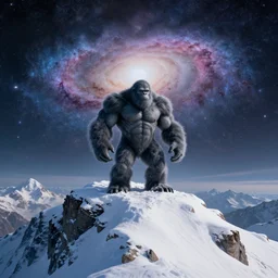 muscular yeti on the top of a snowy mountain, galaxy in the sky