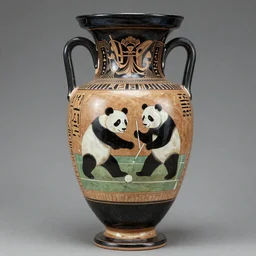 A photo of an Athenian vase with a painting of pandas playing tennis in the style of Egyptian hieroglyphics