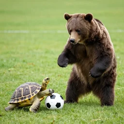 a bear is kicking a turtle sitting on a football
