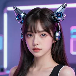 cute young woman with robot ears and eyes, 4k, sharp focus, neon colored fluorescent lighting, Andreas Rocha