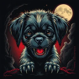 the puppy, poster art by john carpenter, trending on deviantart, gothic art, grotesque, creepypasta, freakshow