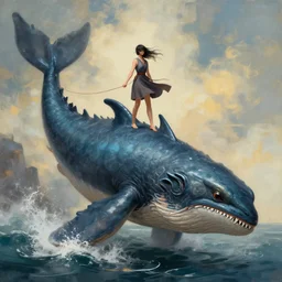 A girl rides atop a monstrous leviathan, matte painting
