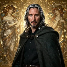 Keanu Reeves, silver long hair, cloak, male, fantasy, extremely detailed, digital painting, artstation, concept art, smooth, sharp focus, illustration, stunning lighting, art by artgerm and greg rutkowski and alphonse mucha and simon stalenhag, realistic character concept, low fantasy, light atmosphere, golden ratio, cinematic lighting, hyperdetailed, high resolution, insanely detailed and intricate, artstation, Marc Simonetti, Greg Rutkowski, 8k