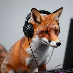 a gamer fox wearing headphones, photorealistic
